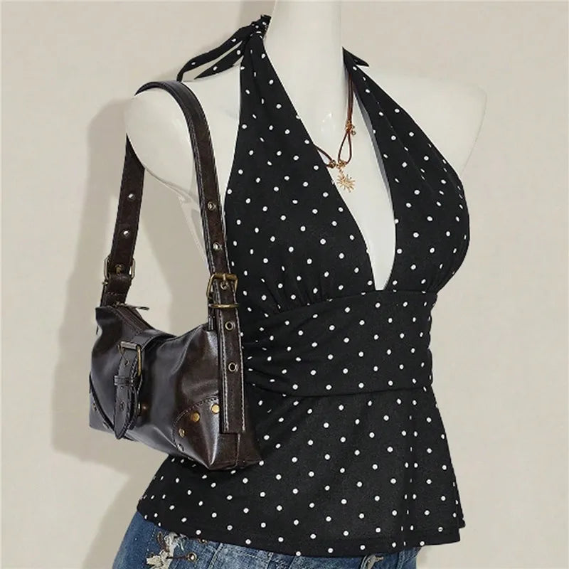 VacationGrabs Ladies Vintage Polka Dot Halter Neck Top Deep V Tie Back Sleeveless Ruched Waist Peplum Tank Top For Y2K Streetwear