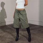 VacationGrabs Elastic Drawstring Cargo Bermuda Shorts Women Multi Pocket Loose Wide Leg Knee Length Baggy Capri Culottes Y2KStreetwear