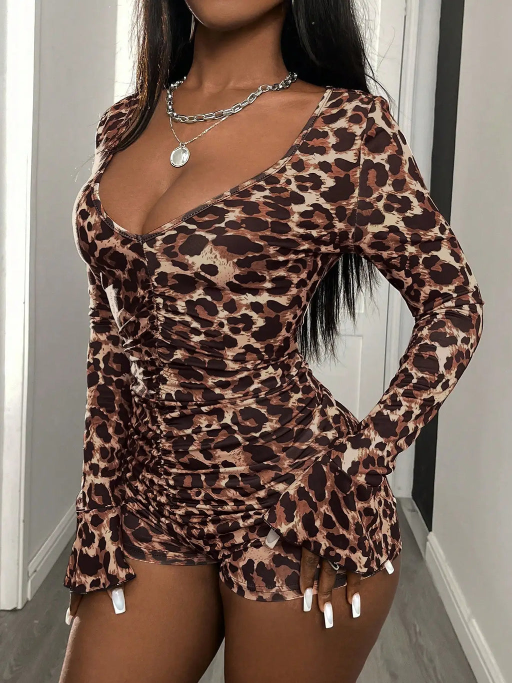 Women's Leopard Print Deep V Jumpsuit with Bell Cuff Sleeves