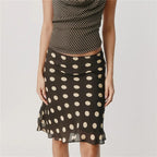 VacationGrabs Women's Boho Polka Dot Midi Skirt High Waist Ruffle Hem Silky Satin Flared Skirt Beach Vacation Summer Casual Skirt