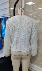 VacationGrabs 3D Floral Crochet Mesh Top Women Hollow See Through Flare Sleeve Keyhole Rose Button Cropped Knit Blouse Travel Dating