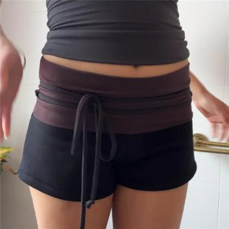 VacationGrabs Y2K Women Fold Over Waist Sweat Shorts Low Rise Drawstring Color Block Mini Shorts Summer Casual Streetwear