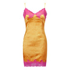 Coquette Contrast Lace Satin Jacquard Cami Mini Dress Deep V Slim Bodycon Micro Slip Dress Women Summer Beach Club Party Dress