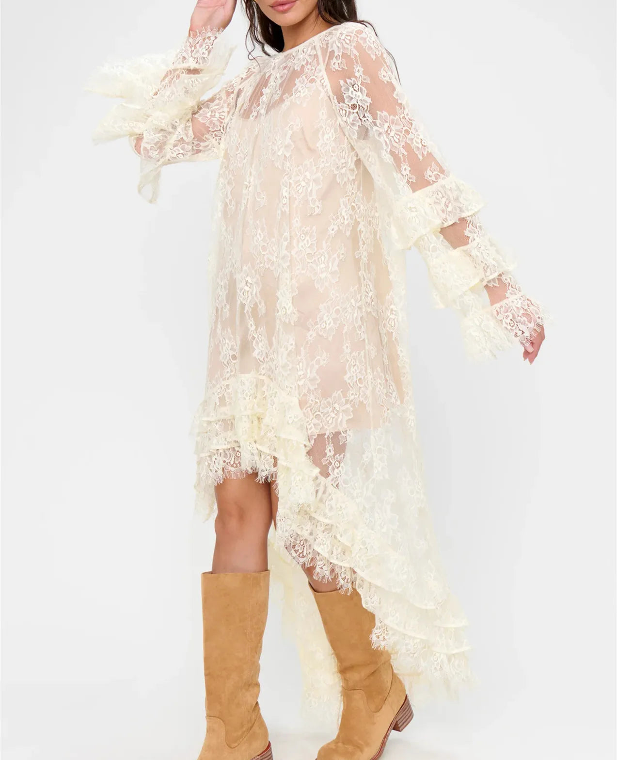 Women Boho Lace Maxi Dress Long Sleeve Ruffle Asymmetrical Hem Sheer Mesh Floral Lace Beach Wedding Guest Vacation Party Dress