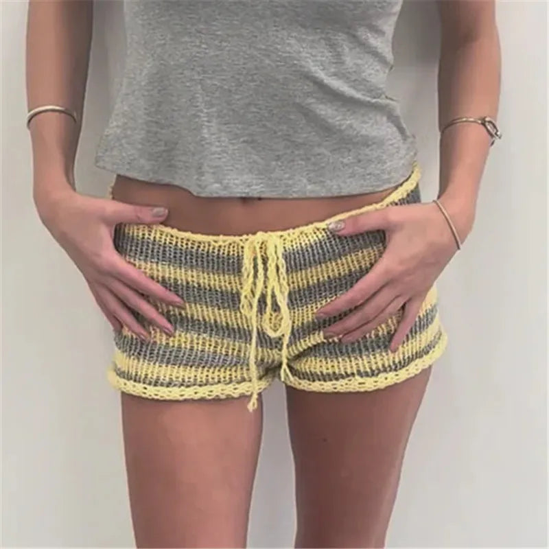 VacationGrabs Drawstring Knit Crochet Shorts Women Summer Low Waist Stripes Print Booty Shorts Grunge Stretchy Shorts HolidayBeachwear