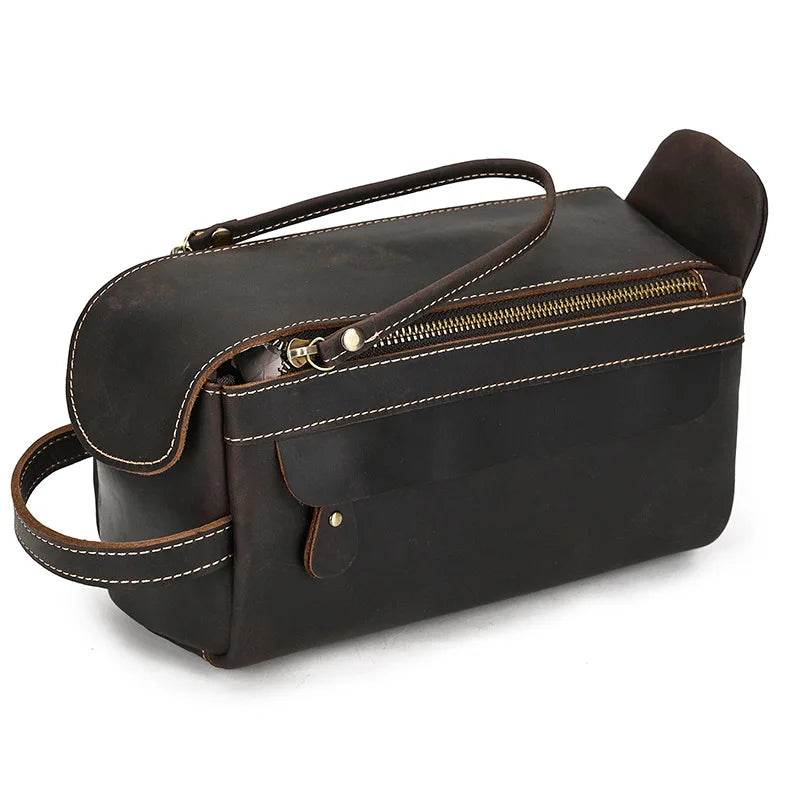 Thick Leather Clutch Bag for Men Genuine Leather Toiletry Kit Bag - VacationGrabs