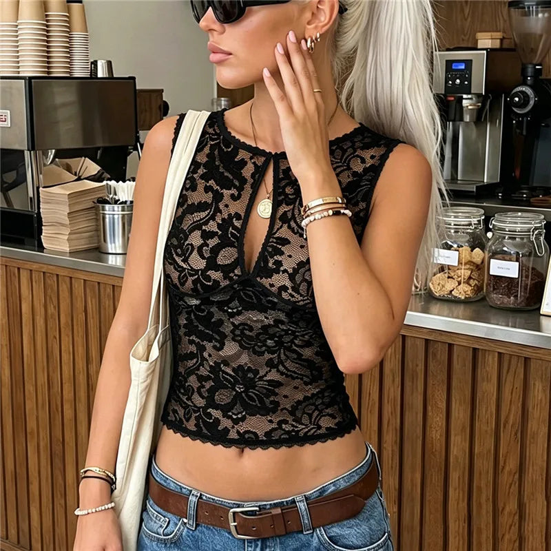 VacationGrabs Summer Beach Sheer Lace Sleeveless Top Scallop Edge Neck Keyhole Cutout Slim Short Cover Up Vacation Casual Tank