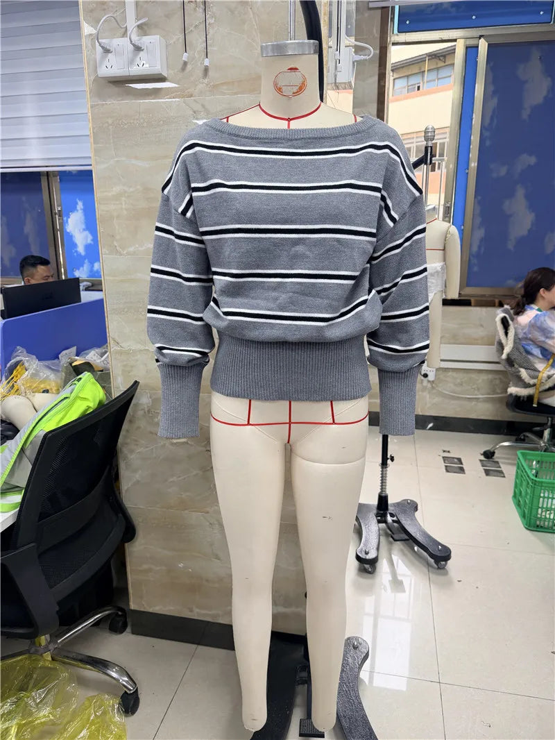 VacationGrabs Vintage Stripe Asymmetrical One Shoulder Knit Top Women Batwing Sleeve Ribbed Hem Cropped Sweater Winter Fall Streetwear