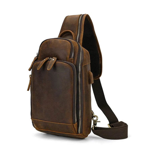 Leather Chest Bag with USB Charging Port Crossbody Bag for Men - VacationGrabs