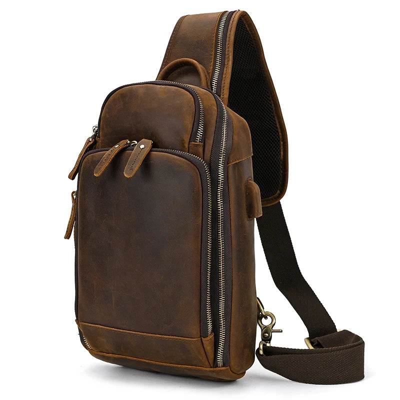 Leather Chest Bag with USB Charging Port Crossbody Bag for Men - VacationGrabs