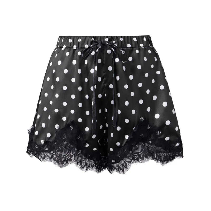 VacationGrabs Coquette Polka Dot Satin Lounge Shorts Women Eyelash Lace Hem Drawstring High Waist Loose Cute Halloween Pajama Bottoms