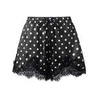 VacationGrabs Coquette Polka Dot Satin Lounge Shorts Women Eyelash Lace Hem Drawstring High Waist Loose Cute Halloween Pajama Bottoms