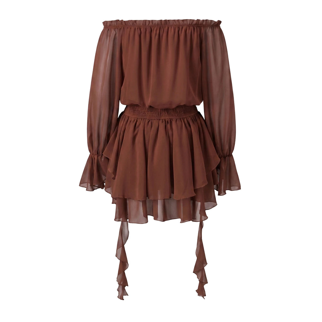 VacationGrabs Elegant Off Shoulder Flare Long Sleeve Chiffon Mini Dress Women Elastic Waist Tiered Ruffle Beach Vacation Short Dress