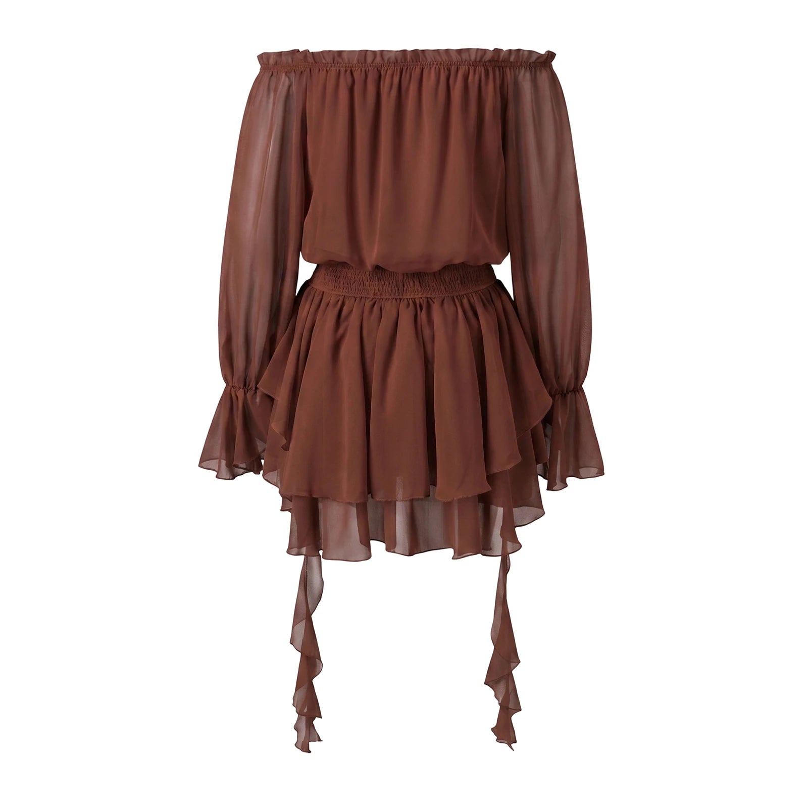 VacationGrabs Elegant Off Shoulder Flare Long Sleeve Chiffon Mini Dress Women Elastic Waist Tiered Ruffle Beach Vacation Short Dress