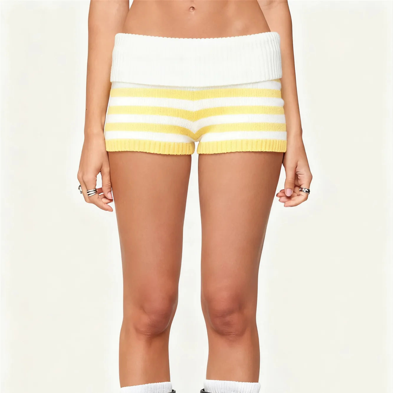 VacationGrabs Women Y2k Knit Mini Shorts Striped Foldover Low Waist Elastic Slim Fit Vintage Going Out Micro Bottom Streetwear