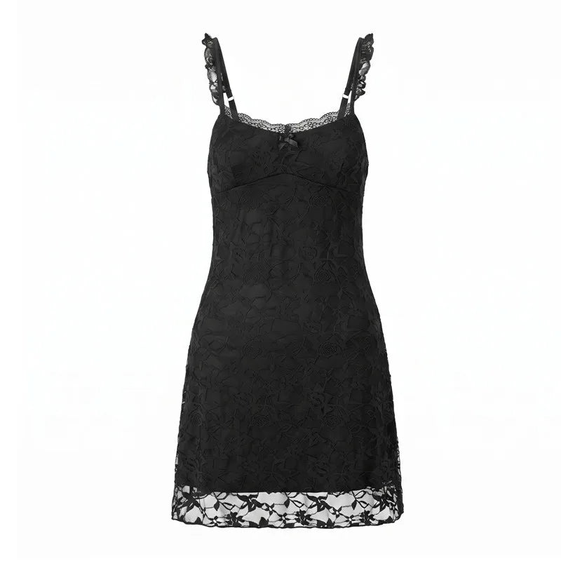 VacationGrabs Vintage Y2K Women Floral Lace Bodycon Mini Dress Ruffle Trim Spaghetti Strap V Neck Sleeveless Club Night Short Dress