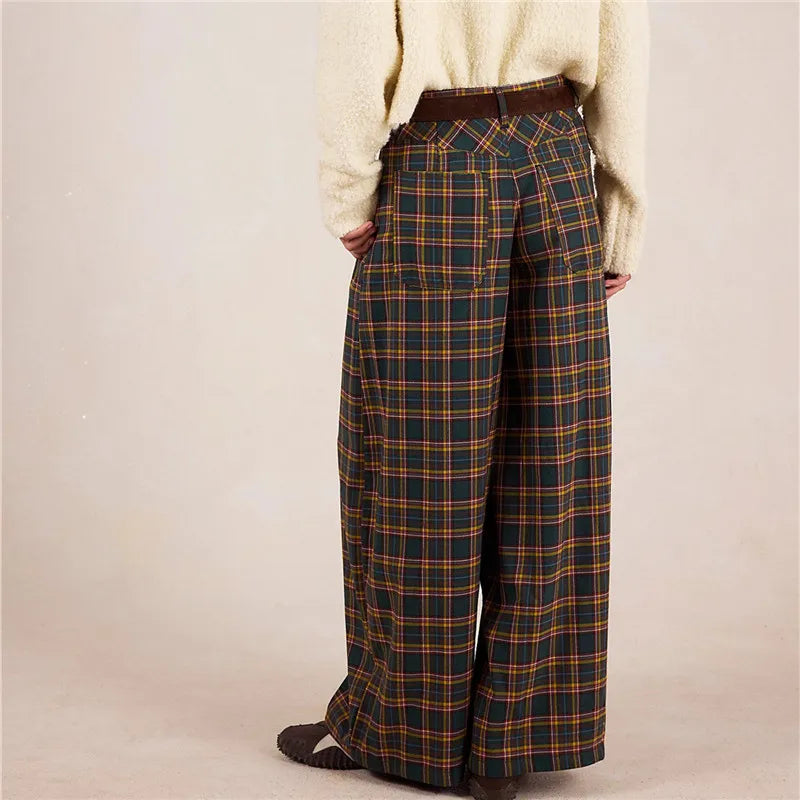 VacationGrabs Women Y2k Gingham Wide Leg Mid Rise Holiday High Street Tartan Pants Vintage Plaid Baggy Trousers with Pockets