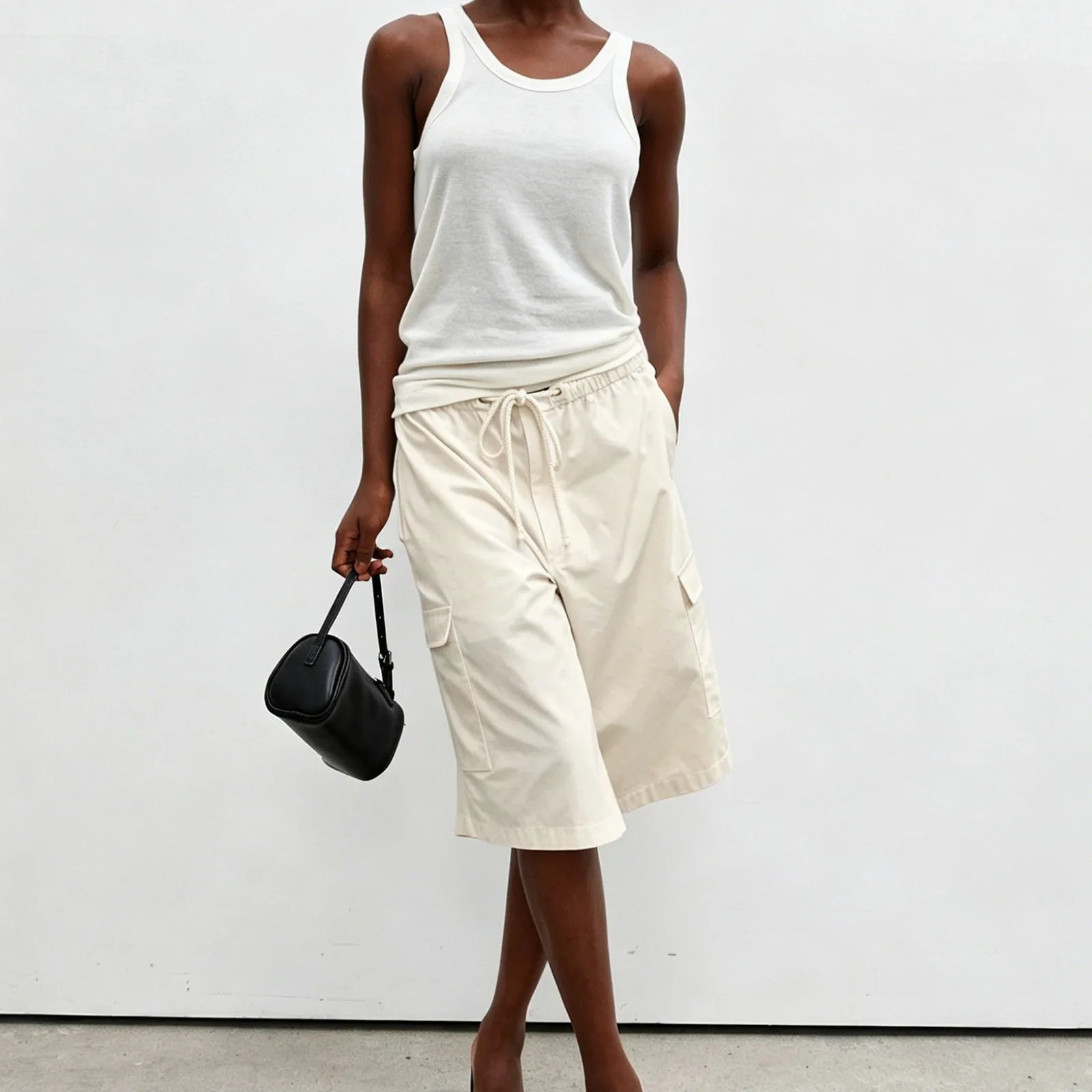 VacationGrabs Elastic Drawstring Cargo Bermuda Shorts Women Multi Pocket Loose Wide Leg Knee Length Baggy Capri Culottes Y2KStreetwear