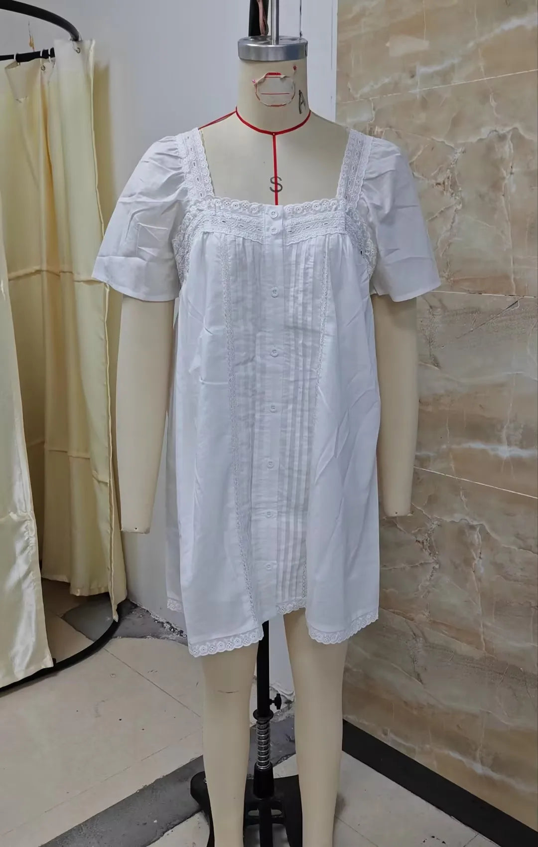VacationGrabs Square Neck Eyelet Lace Mini Dress Women Flutter Short Sleeve Front Button Pleated Loose Babydoll Summer Vacation Dress