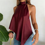 VacationGrabs Women Satin Halter Tops Sexy Backless Asymmetrical Tops Sleeveless Lace Up Back Silk Tank Top Going Out Shirt