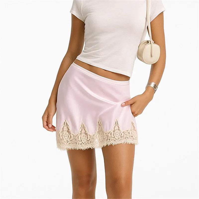 VacationGrabs Sexy Solid Lace Patchwork Skirt Women Fashion Straight Irregular Street Short Skirts Female Party Lady Mini Bottoms
