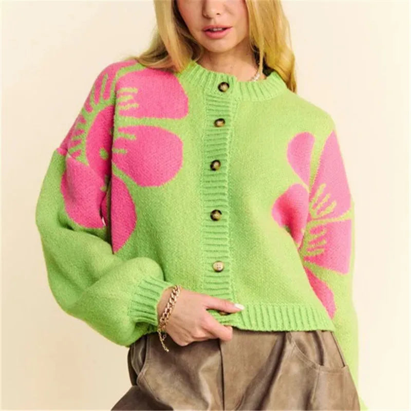 Women's Vintage Floral Knit Cardigan – Button-Up, Slim Fit