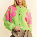 Women's Vintage Floral Knit Cardigan – Button-Up, Slim Fit