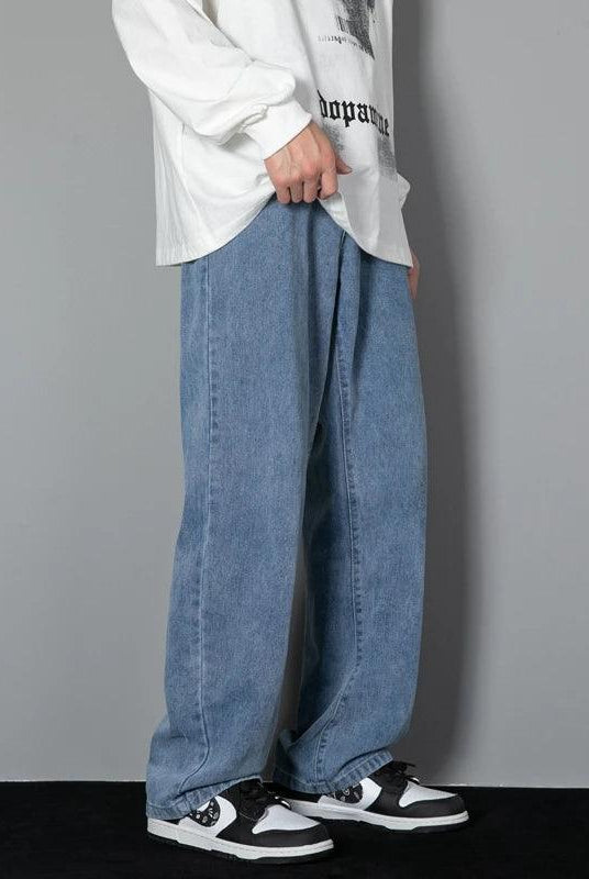  Korean Men's Casual Long Jeans Classic Straight Denim Wide-leg Pants