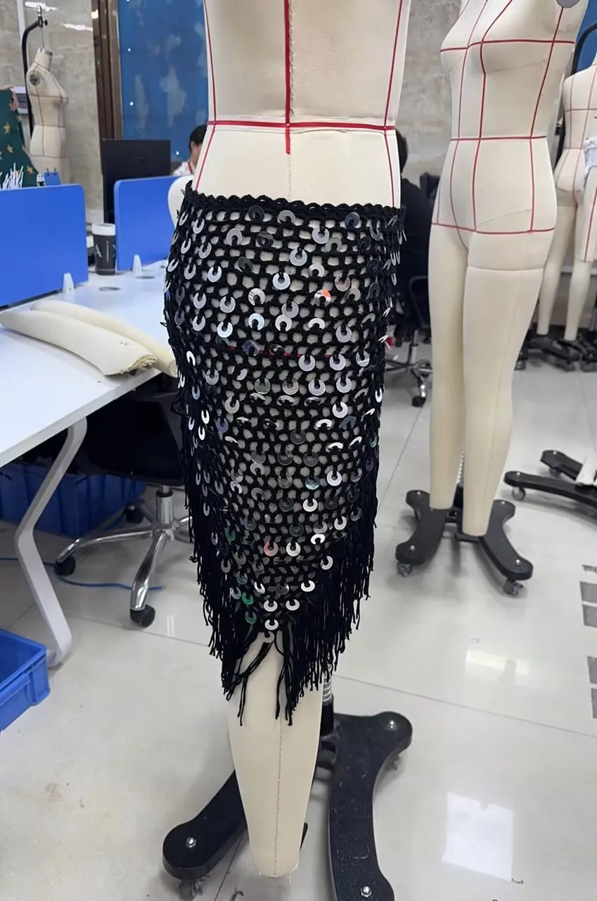 VacationGrabs Women Boho Handmade Crochet Sequin Fringe Wrap Skirt Asymmetrical Tassel Beach Cover Up Summer Festival Streetwear
