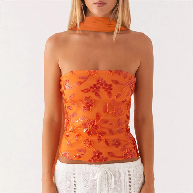VacationGrabs Women Y2K Sequin Tube Top with Scarf Sexy Backless Pearl Embellished Beaded Cami Bling Glitter Rhinestone Camisole