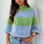 VacationGrabs Y2K Striped Fuzzy Poncho Sweater Women Mock Neck Loose Half Sleeve Cropped Knit Cape Pullover Daily Street Outfit