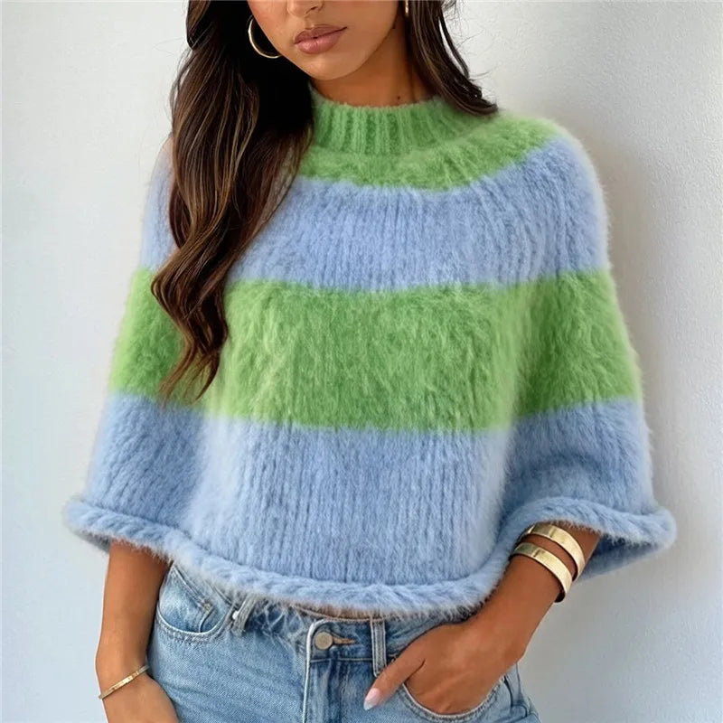 VacationGrabs Y2K Striped Fuzzy Poncho Sweater Women Mock Neck Loose Half Sleeve Cropped Knit Cape Pullover Daily Street Outfit