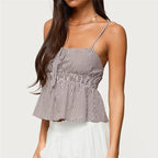 VacationGrabs Summer Gingham Cami Top for Women Sexy Tie Front Ruffle Hem Sleeveless Peplum Blouse Casual Spaghetti Strap Top