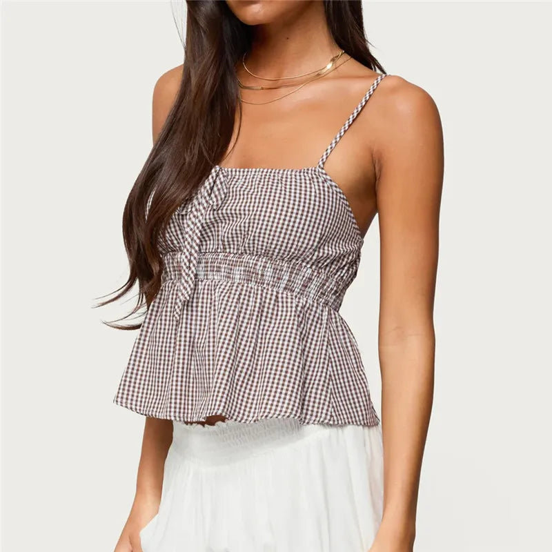 VacationGrabs Summer Gingham Cami Top for Women Sexy Tie Front Ruffle Hem Sleeveless Peplum Blouse Casual Spaghetti Strap Top