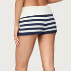 VacationGrabs Women Y2k Knit Mini Shorts Striped Foldover Low Waist Elastic Slim Fit Vintage Going Out Micro Bottom Streetwear