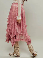 VacationGrabs Floral Lace Long Skirt for Women Y2K Elastic Waist Asymmetrical Layered Maxi Skirt Sexy See Through Flowy Beach Skirt