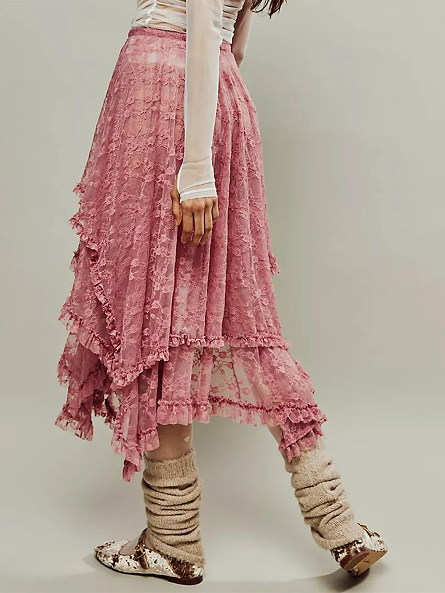 VacationGrabs Floral Lace Long Skirt for Women Y2K Elastic Waist Asymmetrical Layered Maxi Skirt Sexy See Through Flowy Beach Skirt
