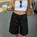 VacationGrabs Women's Knee Length Cargo Shorts Elastic Drawstring Waist Loose Fit Bermuda Capris with Pockets Casual Streetwear Summer