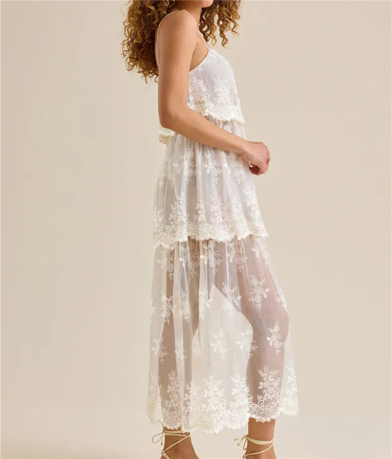 Boho Vintage Floral Lace Maxi Dress for Women Spaghetti Strap Sheer Layered Embroidery Casual Summer Beach Party Long Dress