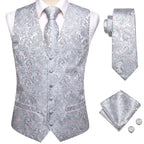 Silver paisley tie set with matching vest and pocket square for formal occasions