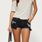 VacationGrabs Womens Low Waist Distressed Denim Shorts Frayed Raw Hem Ripped Jeans Shorts with Inner Layer Casual Streetwear Hot Pants