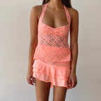 VacationGrabs Sexy Halter Lace See Through Crop Top for Women Summer Backless Party Club Vest Tank Top Y2K Fashion Basic T-Shirt