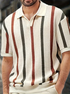Men's Spring/Summer Lightweight Striped Knit Cardigan with V-neck Short Sleeve Polo Shirt. Business casual slim-fit style Breath