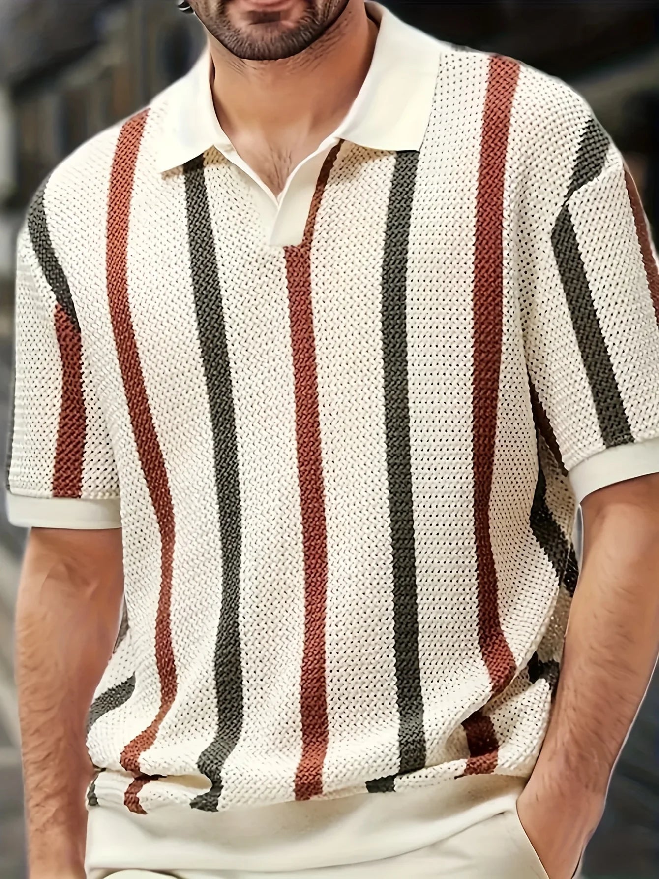 Men's Spring/Summer Lightweight Striped Knit Cardigan with V-neck Short Sleeve Polo Shirt. Business casual slim-fit style Breath