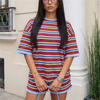 VacationGrabs Striped Two Piece Outfit Women Contrast Trim Oversized Short Sleeve Tee And Elastic Waist Shorts Casual Loungewear Set