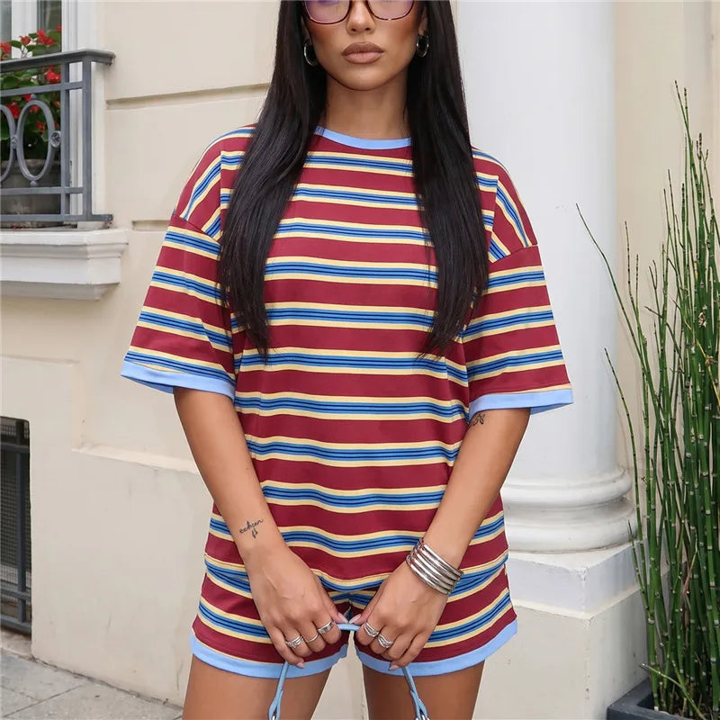 VacationGrabs Striped Two Piece Outfit Women Contrast Trim Oversized Short Sleeve Tee And Elastic Waist Shorts Casual Loungewear Set