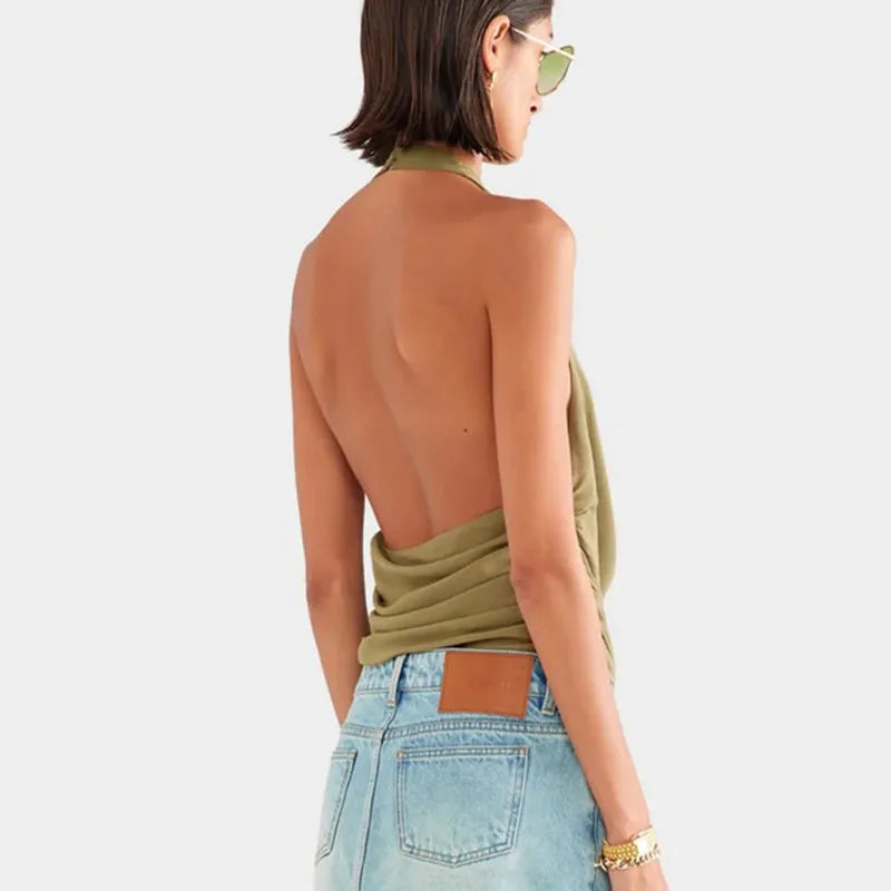 VacationGrabs Women Trendy Halter Tops Summer Ruched Cowl Neck Backless Sleeveless Shirts for Streetwear Aesthetic Grunge Clothes