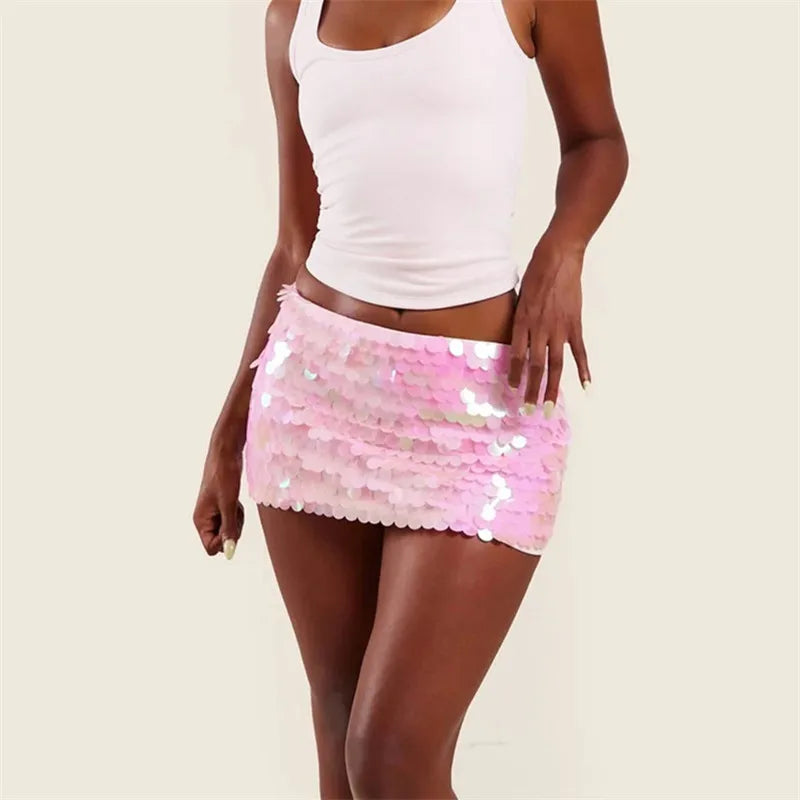VacationGrabs Sexy Women Sequin Mini Bodycon Skirt Chic Ladies Low Waist Sparkly Short Skirt Trendy Summer Party Club Streetwear