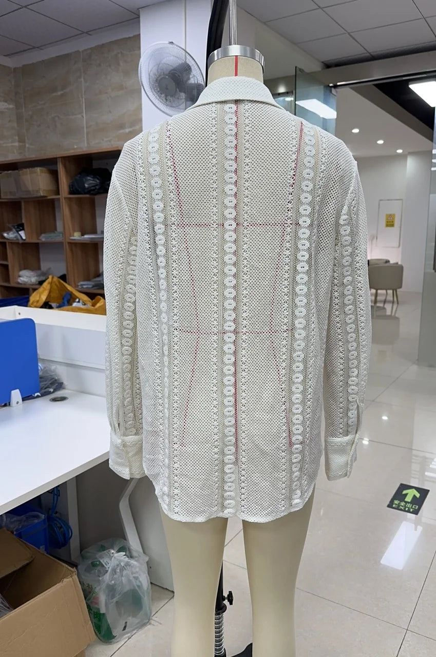 VacationGrabs Vintage Long Sleeve Blouses Summer Casual Elegant Ladies Blusas Boho Beach Hollow Out Lace Blouse Shirt for Women Top