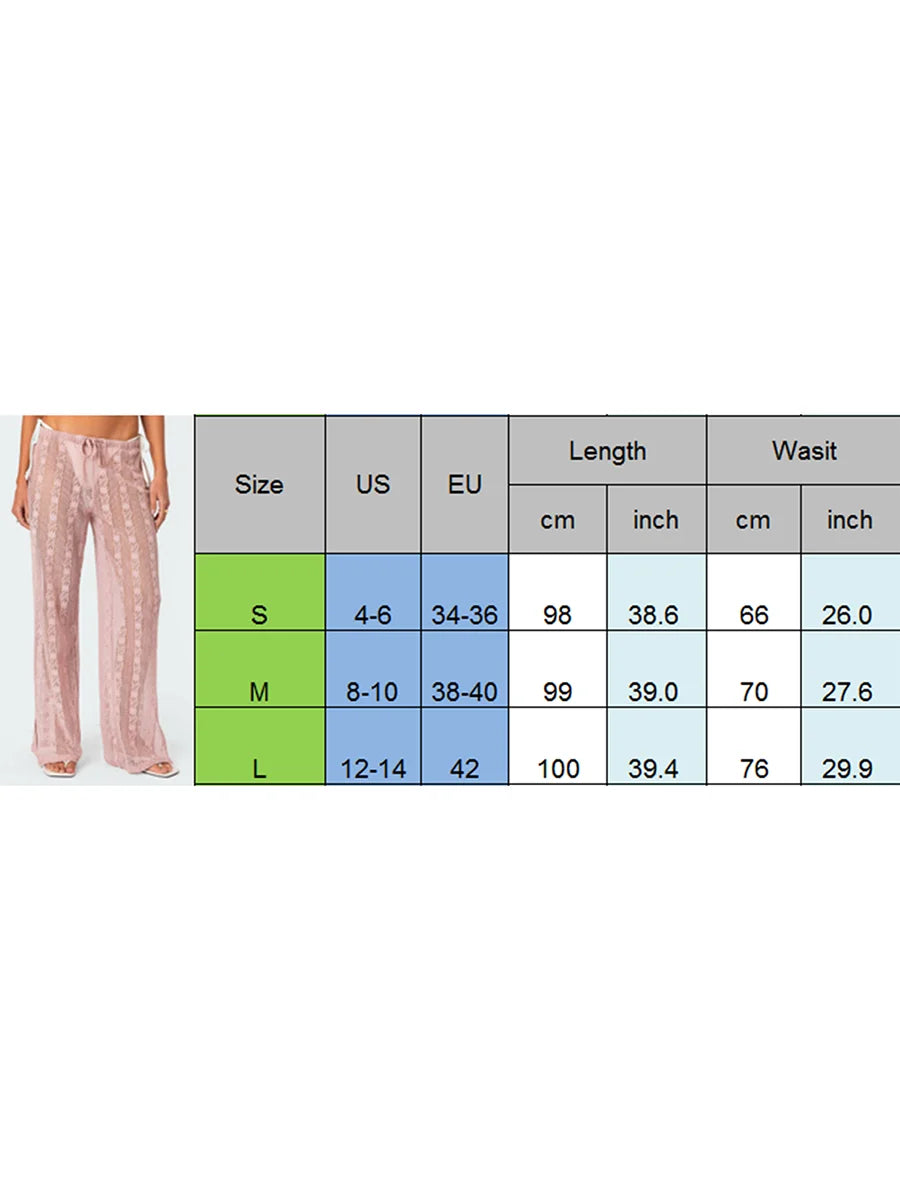 VacationGrabs Women's Summer Sheer Beach Long Pants Casual Drawstring Waist Wide Leg Lace Floral See Through Pants Beachwear